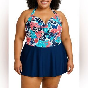 Catalina Suddenly Slim Women Plus Size Blue Floral Halter Swimsuit Dress SZ XL